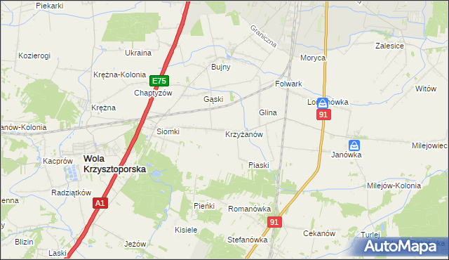 mapa Krzyżanów gmina Wola Krzysztoporska, Krzyżanów gmina Wola Krzysztoporska na mapie Targeo