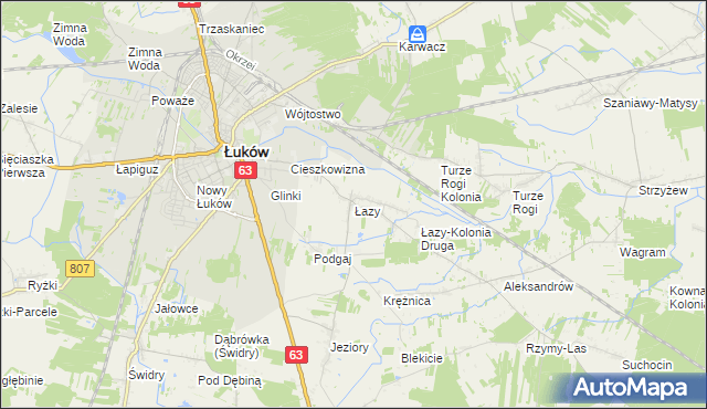 mapa Łazy gmina Łuków, Łazy gmina Łuków na mapie Targeo