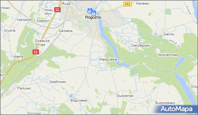 mapa Międzylesie gmina Rogoźno, Międzylesie gmina Rogoźno na mapie Targeo