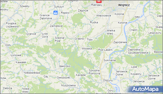 mapa Milówka gmina Wojnicz, Milówka gmina Wojnicz na mapie Targeo