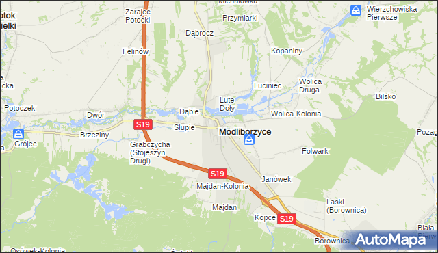 mapa Modliborzyce powiat janowski, Modliborzyce powiat janowski na mapie Targeo