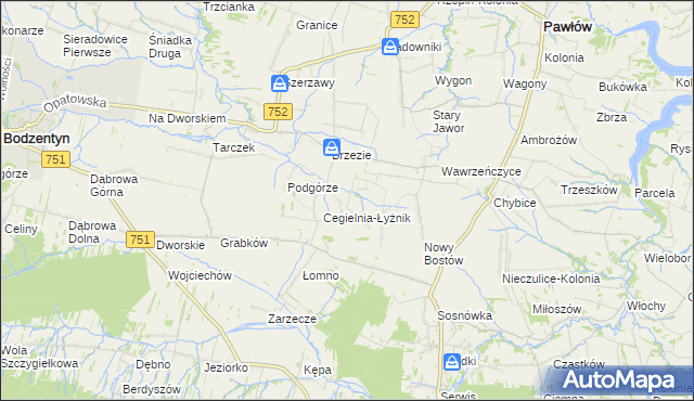 mapa Modrzewie gmina Pawłów, Modrzewie gmina Pawłów na mapie Targeo
