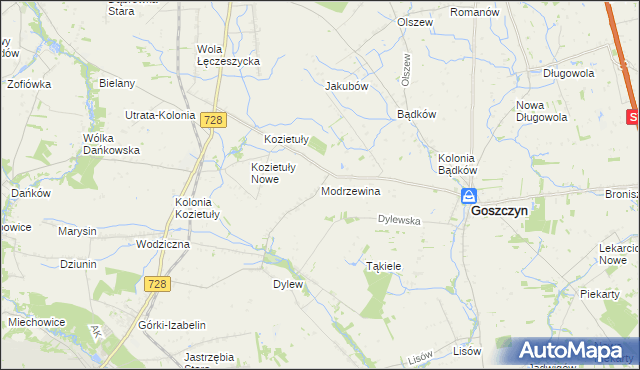 mapa Modrzewina gmina Goszczyn, Modrzewina gmina Goszczyn na mapie Targeo