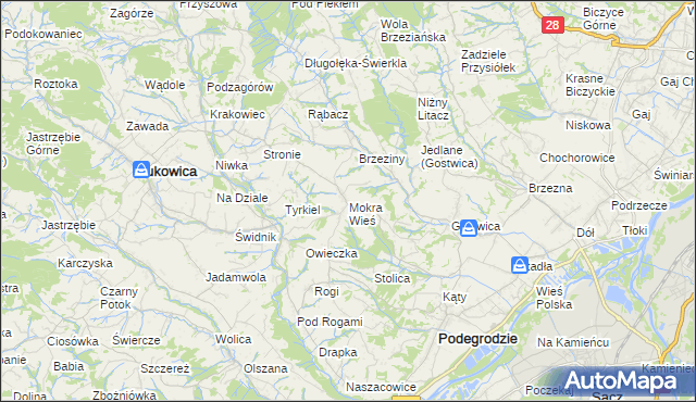 mapa Mokra Wieś gmina Podegrodzie, Mokra Wieś gmina Podegrodzie na mapie Targeo