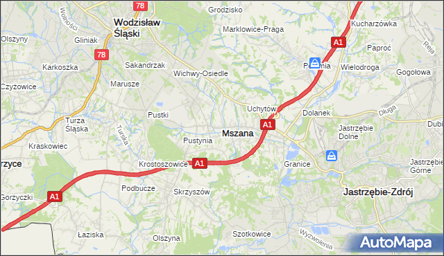 mapa Mszana powiat wodzisławski, Mszana powiat wodzisławski na mapie Targeo