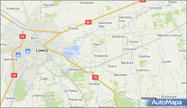 mapa Mysłaków gmina Nieborów, Mysłaków gmina Nieborów na mapie Targeo