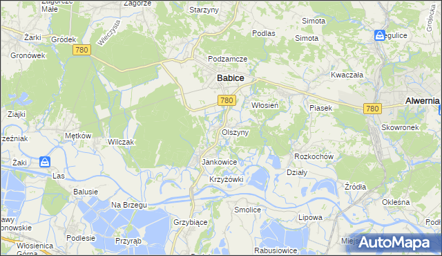 mapa Olszyny gmina Babice, Olszyny gmina Babice na mapie Targeo