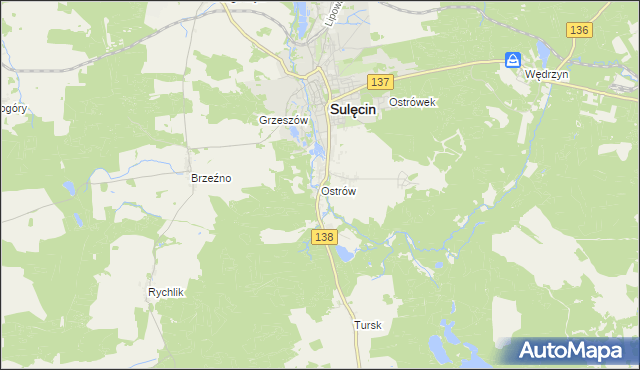 mapa Ostrów gmina Sulęcin, Ostrów gmina Sulęcin na mapie Targeo