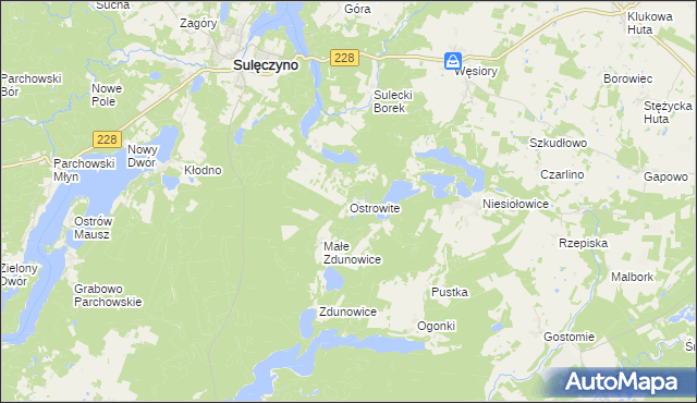 mapa Ostrowite gmina Sulęczyno, Ostrowite gmina Sulęczyno na mapie Targeo