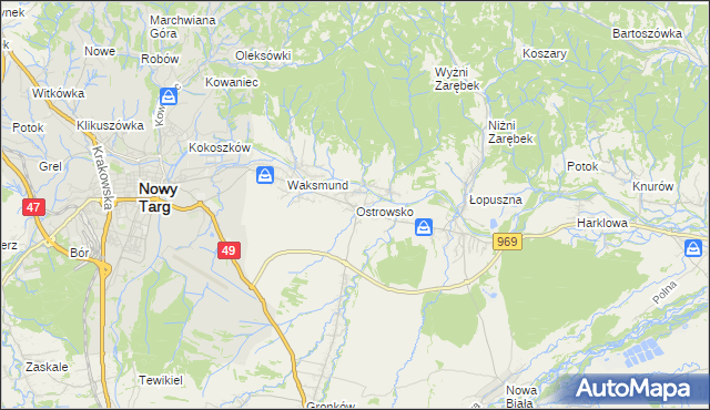 mapa Ostrowsko gmina Nowy Targ, Ostrowsko gmina Nowy Targ na mapie Targeo