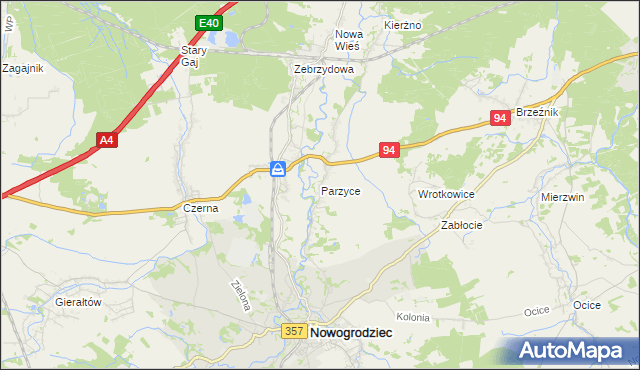 mapa Parzyce gmina Nowogrodziec, Parzyce gmina Nowogrodziec na mapie Targeo