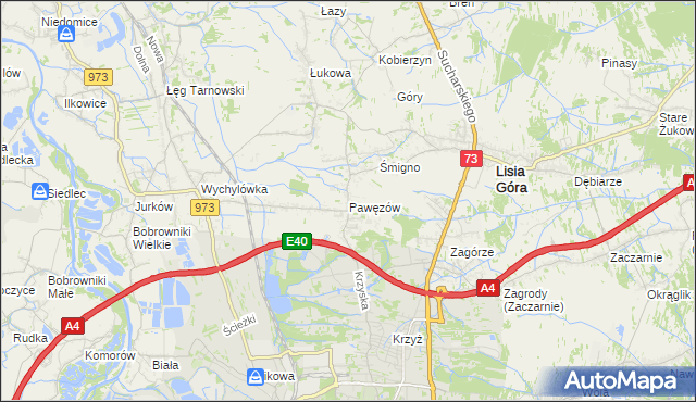 mapa Pawęzów gmina Lisia Góra, Pawęzów gmina Lisia Góra na mapie Targeo