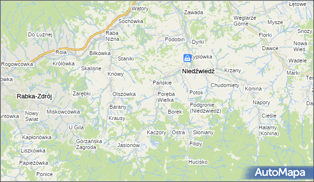 mapa Poręba Wielka gmina Niedźwiedź, Poręba Wielka gmina Niedźwiedź na mapie Targeo