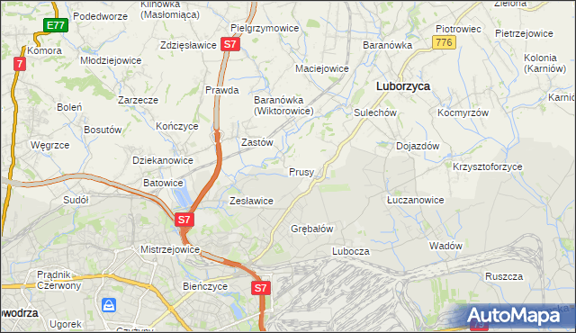 mapa Prusy gmina Kocmyrzów-Luborzyca, Prusy gmina Kocmyrzów-Luborzyca na mapie Targeo