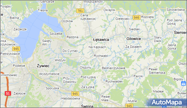 mapa Rychwałd gmina Gilowice, Rychwałd gmina Gilowice na mapie Targeo