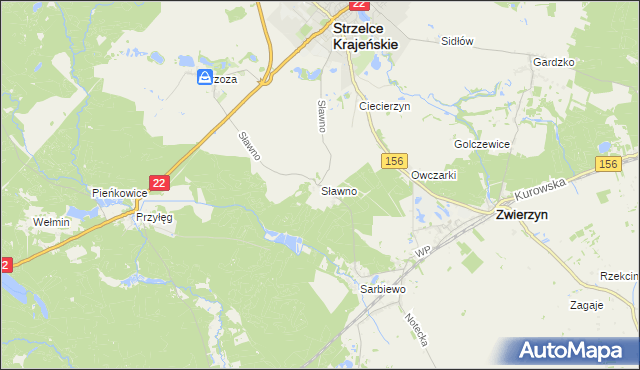 mapa Sławno gmina Strzelce Krajeńskie, Sławno gmina Strzelce Krajeńskie na mapie Targeo