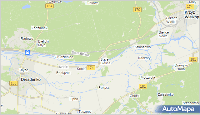 mapa Stare Bielice gmina Drezdenko, Stare Bielice gmina Drezdenko na mapie Targeo