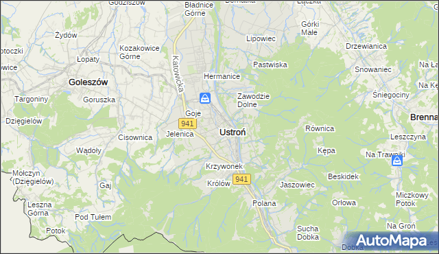 mapa Ustroń powiat cieszyński, Ustroń powiat cieszyński na mapie Targeo