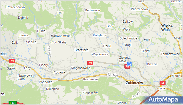 mapa Więckowice gmina Zabierzów, Więckowice gmina Zabierzów na mapie Targeo