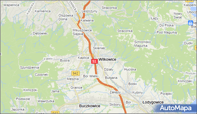 mapa Wilkowice powiat bielski, Wilkowice powiat bielski na mapie Targeo
