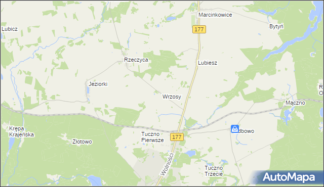 mapa Wrzosy gmina Tuczno, Wrzosy gmina Tuczno na mapie Targeo