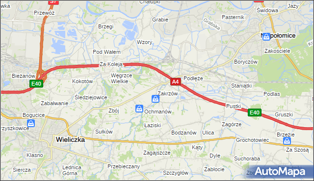 mapa Zakrzów gmina Niepołomice, Zakrzów gmina Niepołomice na mapie Targeo