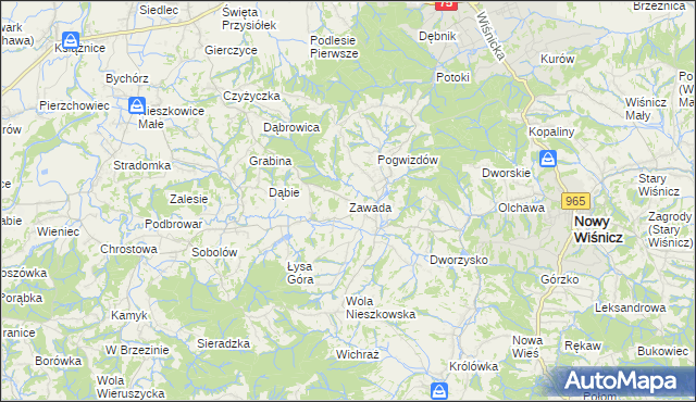 mapa Zawada gmina Bochnia, Zawada gmina Bochnia na mapie Targeo