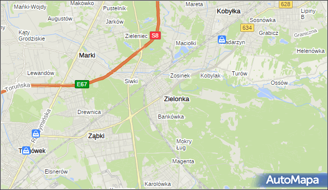 mapa Zielonka powiat wołomiński, Zielonka powiat wołomiński na mapie Targeo