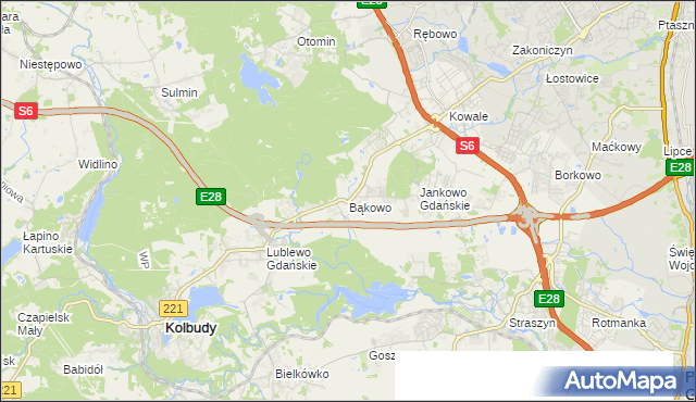 mapa Bąkowo gmina Kolbudy, Bąkowo gmina Kolbudy na mapie Targeo