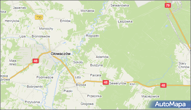 mapa Adamów gmina Głowaczów, Adamów gmina Głowaczów na mapie Targeo