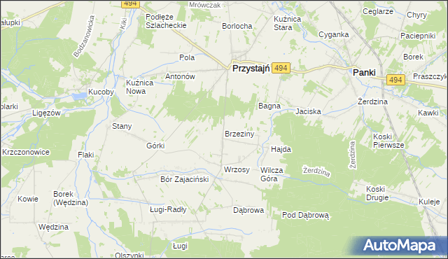 mapa Brzeziny gmina Przystajń, Brzeziny gmina Przystajń na mapie Targeo