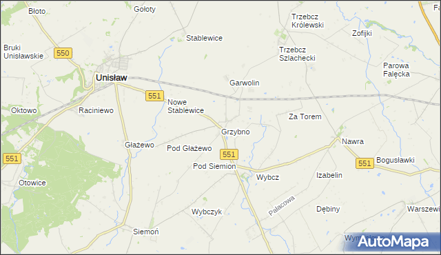 mapa Grzybno gmina Unisław, Grzybno gmina Unisław na mapie Targeo