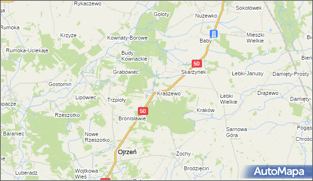 mapa Kraszewo gmina Ojrzeń, Kraszewo gmina Ojrzeń na mapie Targeo