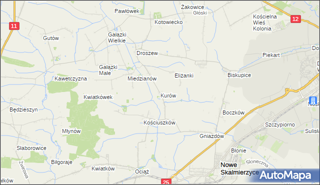 mapa Kurów gmina Nowe Skalmierzyce, Kurów gmina Nowe Skalmierzyce na mapie Targeo