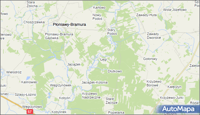 mapa Łęgi gmina Płoniawy-Bramura, Łęgi gmina Płoniawy-Bramura na mapie Targeo