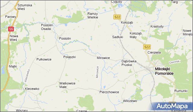 mapa Mirowice gmina Mikołajki Pomorskie, Mirowice gmina Mikołajki Pomorskie na mapie Targeo