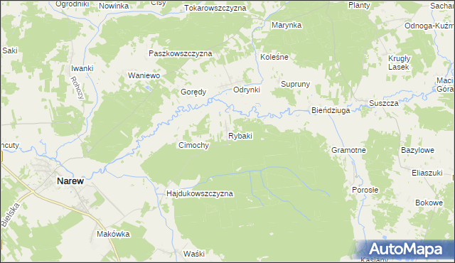 mapa Rybaki gmina Narew, Rybaki gmina Narew na mapie Targeo