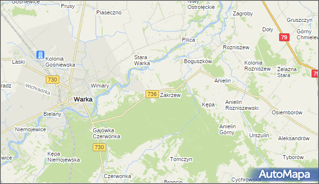 mapa Zakrzew gmina Grabów nad Pilicą, Zakrzew gmina Grabów nad Pilicą na mapie Targeo