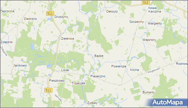 mapa Bądze gmina Górowo Iławeckie, Bądze gmina Górowo Iławeckie na mapie Targeo