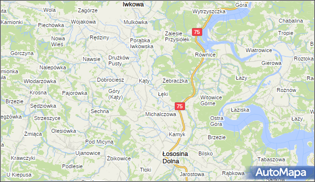 mapa Łęki gmina Łososina Dolna, Łęki gmina Łososina Dolna na mapie Targeo