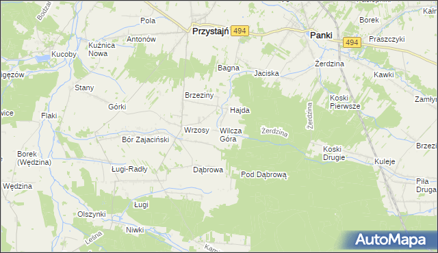 mapa Wilcza Góra gmina Przystajń, Wilcza Góra gmina Przystajń na mapie Targeo