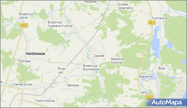 mapa Zabiele gmina Niedźwiada, Zabiele gmina Niedźwiada na mapie Targeo