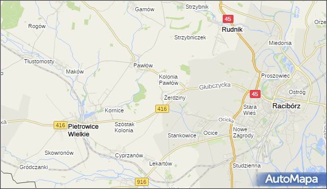 mapa Żerdziny gmina Pietrowice Wielkie, Żerdziny gmina Pietrowice Wielkie na mapie Targeo
