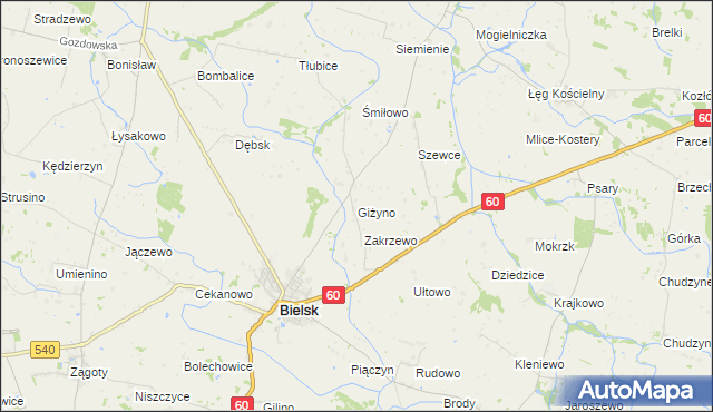 mapa Giżyno gmina Bielsk, Giżyno gmina Bielsk na mapie Targeo