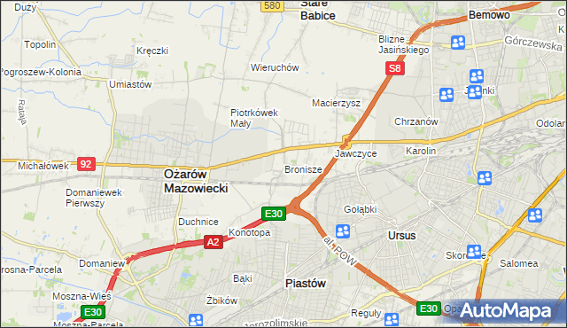 mapa Bronisze gmina Ożarów Mazowiecki, Bronisze gmina Ożarów Mazowiecki na mapie Targeo