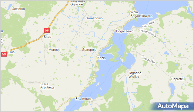 mapa Kozin gmina Giżycko, Kozin gmina Giżycko na mapie Targeo