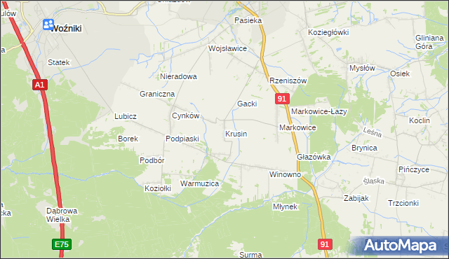 mapa Krusin gmina Koziegłowy, Krusin gmina Koziegłowy na mapie Targeo