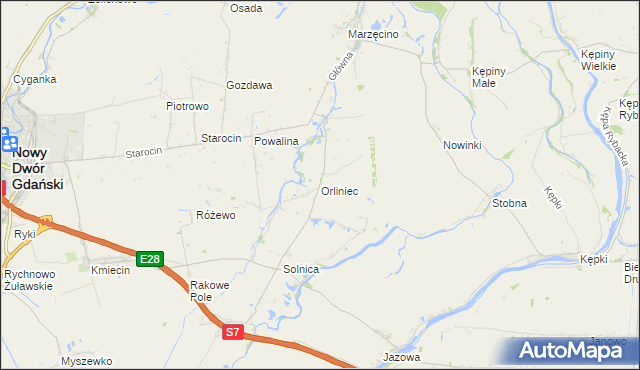 mapa Orliniec gmina Nowy Dwór Gdański, Orliniec gmina Nowy Dwór Gdański na mapie Targeo