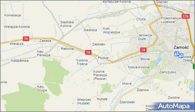 mapa Płoskie gmina Zamość, Płoskie gmina Zamość na mapie Targeo