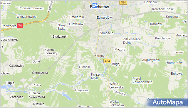 mapa Poręby gmina Bełchatów, Poręby gmina Bełchatów na mapie Targeo